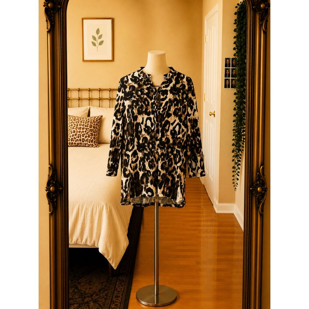 Russell Kemp Leopard Print Lace Up 3/4 Sleeve L Blouse Mob Wife Indie Sleaze